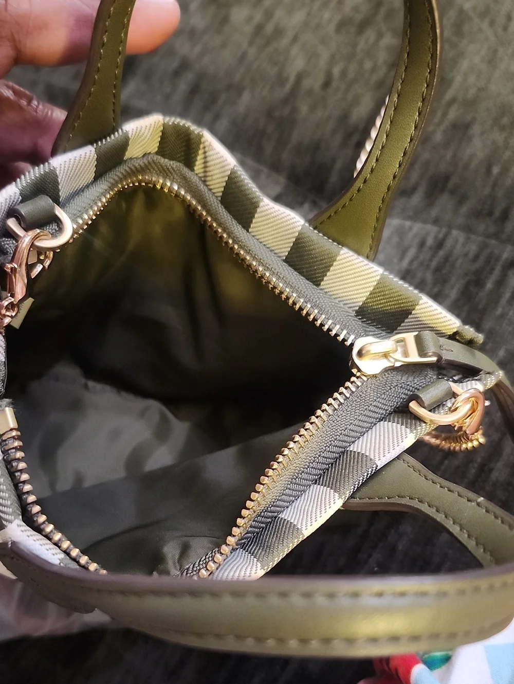 Tory Burch Ella Micro Tote in Olive Green & White Gingham